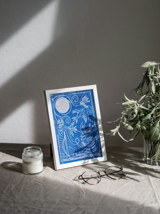 Seaside Swifts Blue A4 Handmade Block Print Birdy & Bright 15.00 GBP