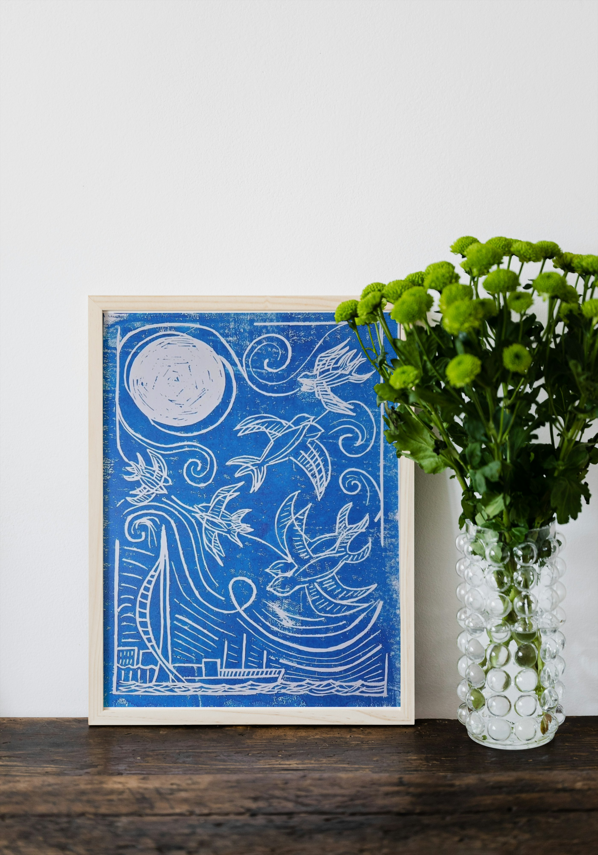 Seaside Swifts Blue A4 Handmade Block Print Birdy & Bright 15.00 GBP