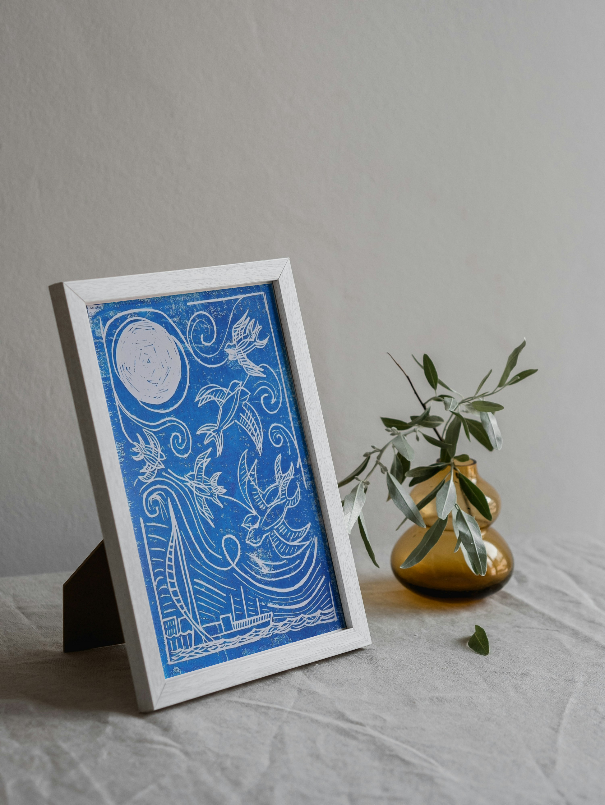 Seaside Swifts Blue A4 Handmade Block Print Birdy & Bright 15.00 GBP