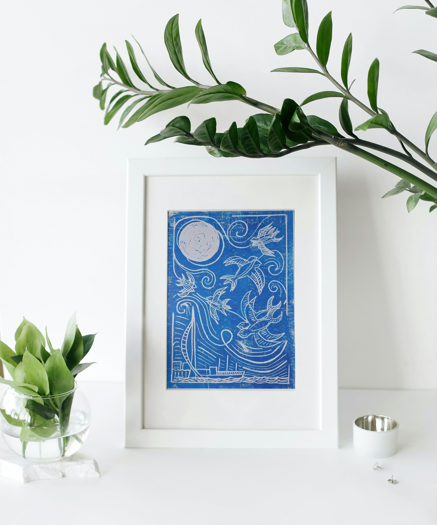 Seaside Swifts Blue A4 Handmade Block Print Birdy & Bright 15.00 GBP
