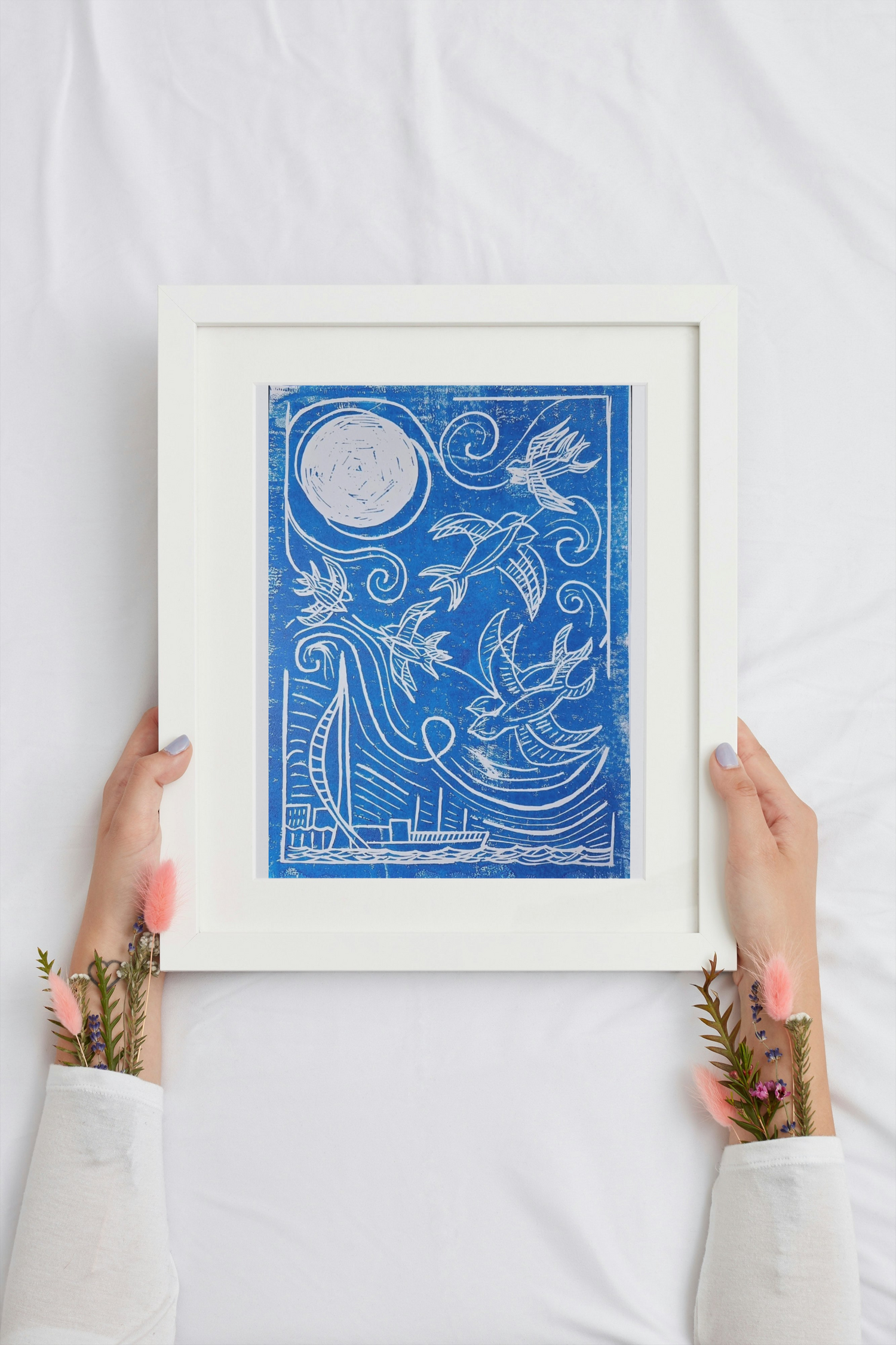 Seaside Swifts Blue A4 Handmade Block Print Birdy & Bright 15.00 GBP